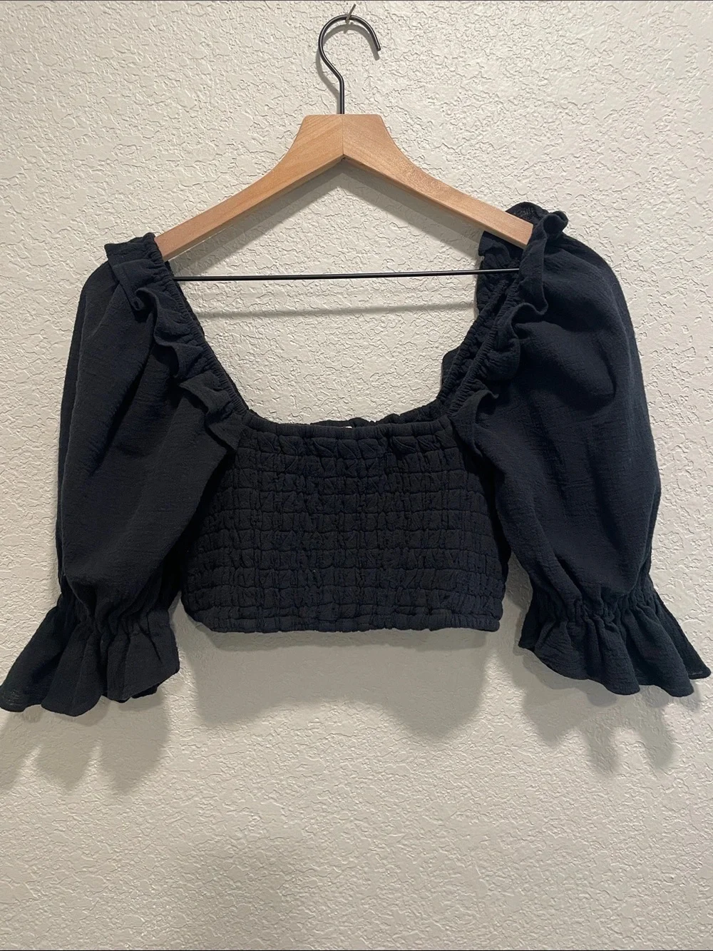 Free People Black Smocked Crop Top Size Small Puff Sleeve Cottagecore Boho